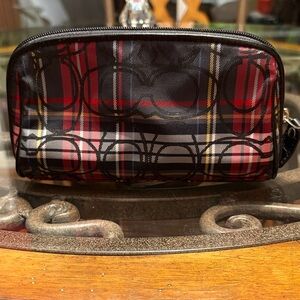 Coach Poppy Tartan Plaid Red Black Multi Stripe Small Cosmetic Case Bag